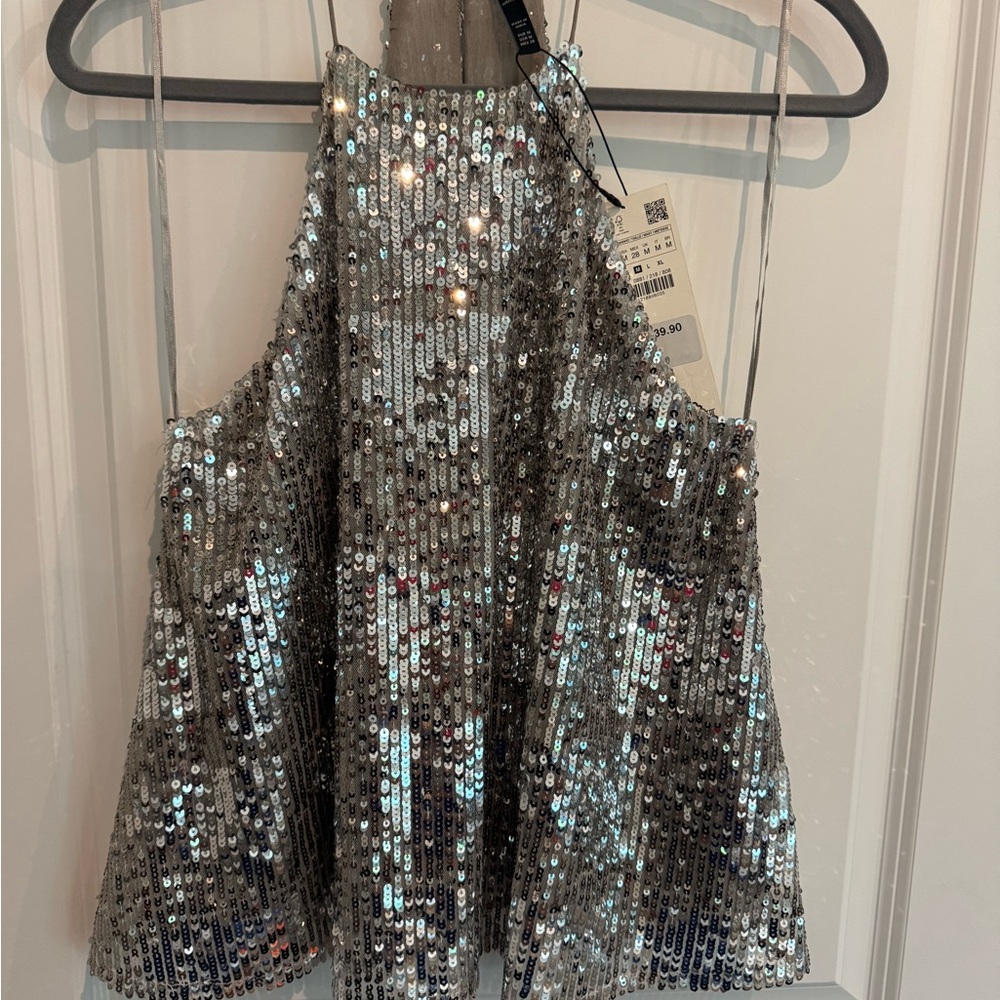 Silver Sequin Embellished Sleeveless Tank Top